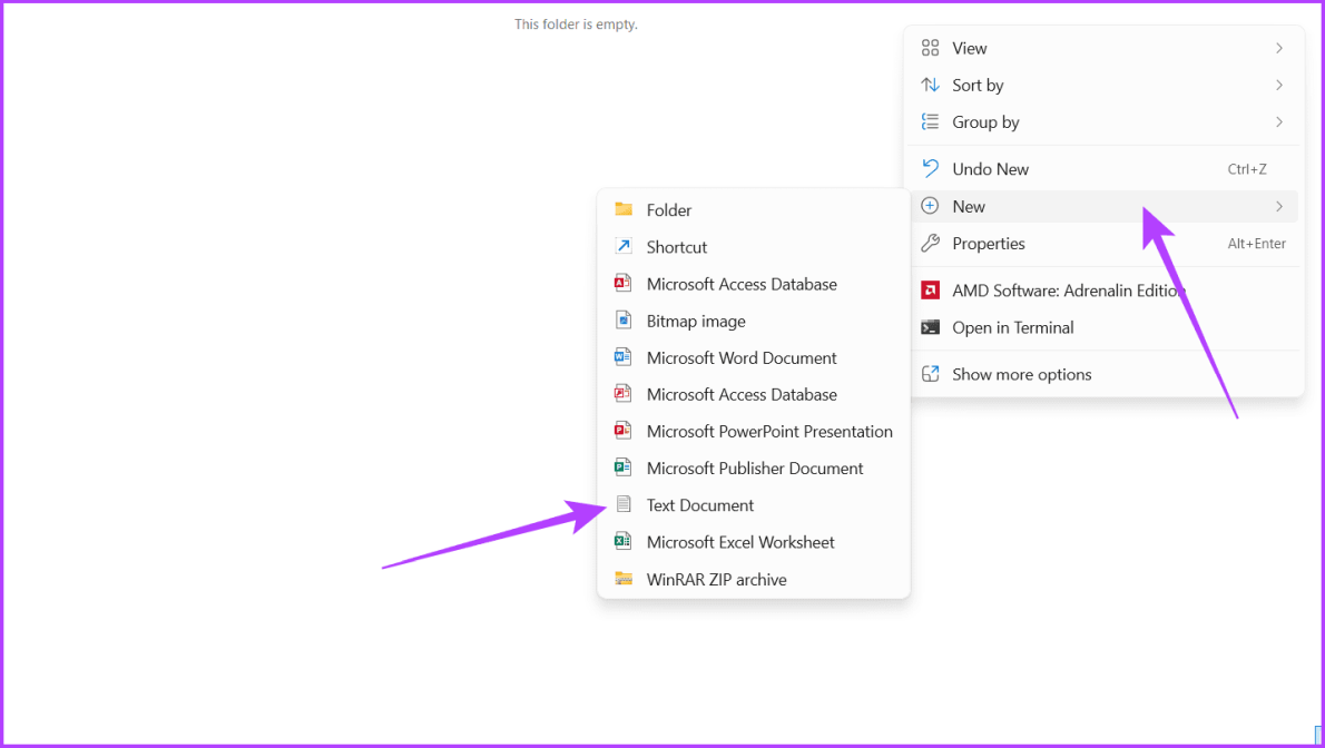 Перейдите в новую папку, щелкните правой кнопкой мыши в пустой области, выберите «Создать» и выберите «Текстовый документ».