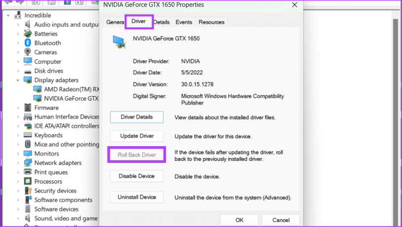 Перейдите на вкладку «Драйвер» и выберите «Откатить драйвер».