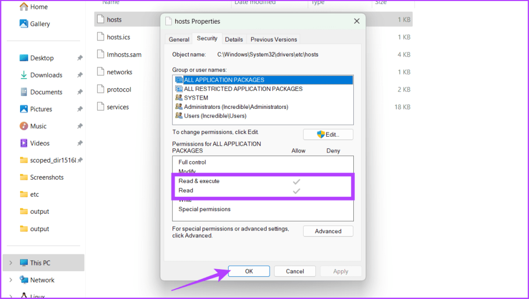 Перейдите на вкладку «Безопасность» и убедитесь, что отмечены флажки «Чтение выполнения» и «Чтение», затем нажмите «ОК».