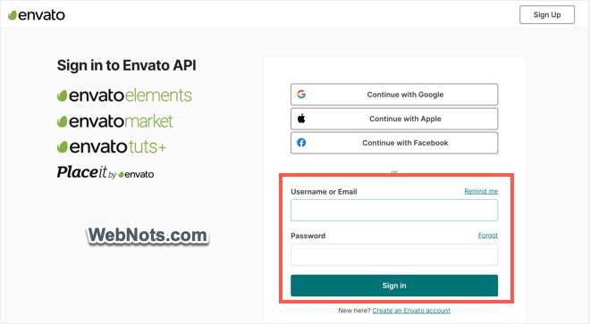 Войдите в учетную запись Envato
