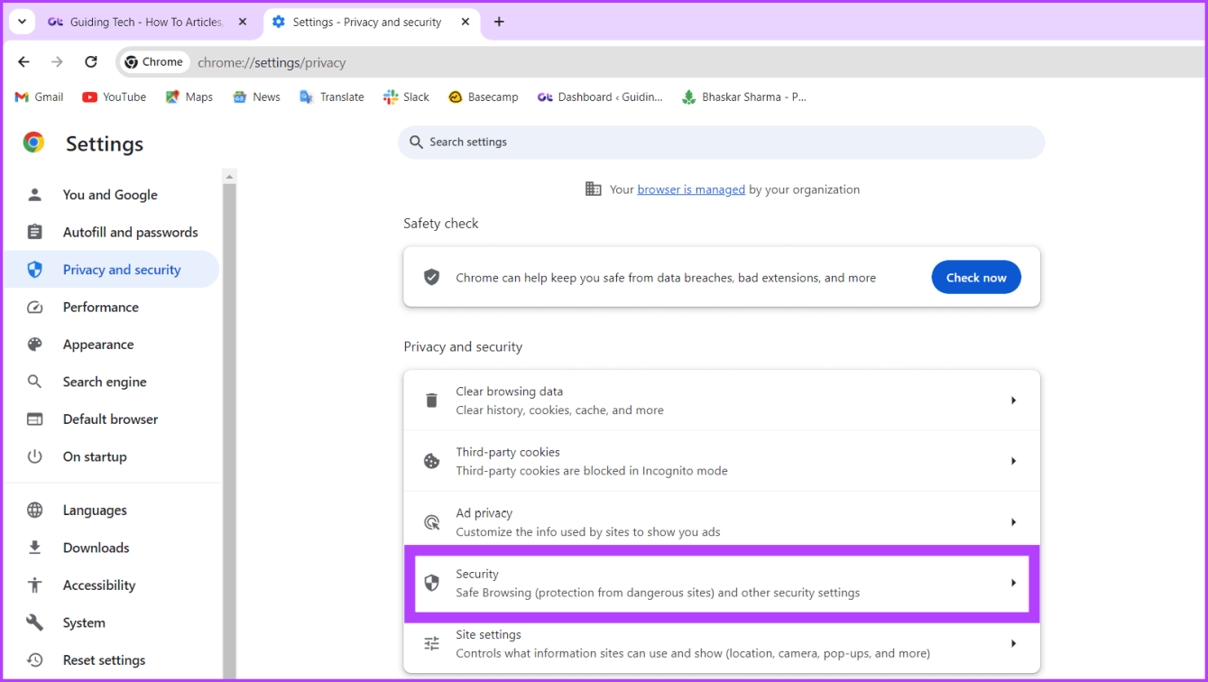 Перейдите в раздел «Конфиденциальность и безопасность» и выберите «Безопасность».