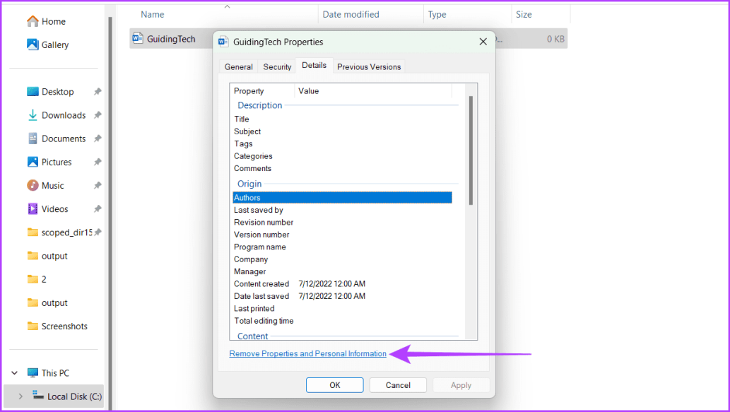 Перейдите на вкладку «Сведения» и нажмите «Удалить свойства и личную информацию».