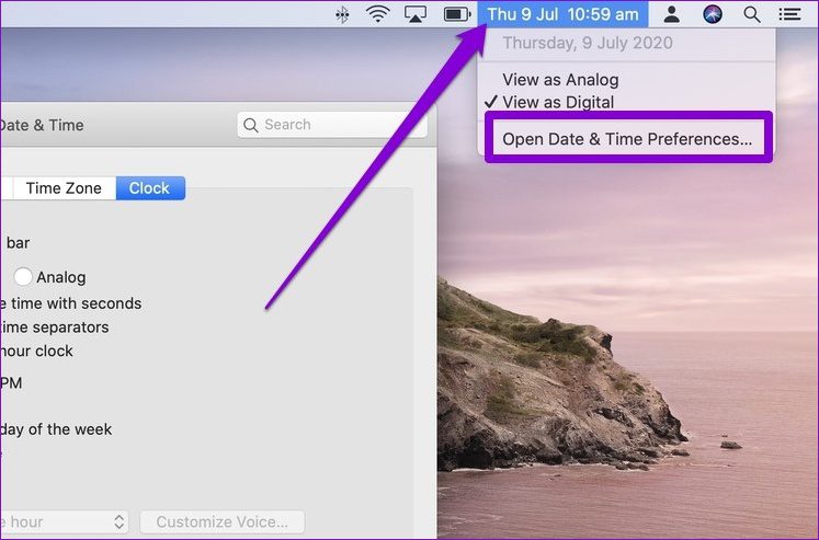 Открыть настройки даты и времени Mac