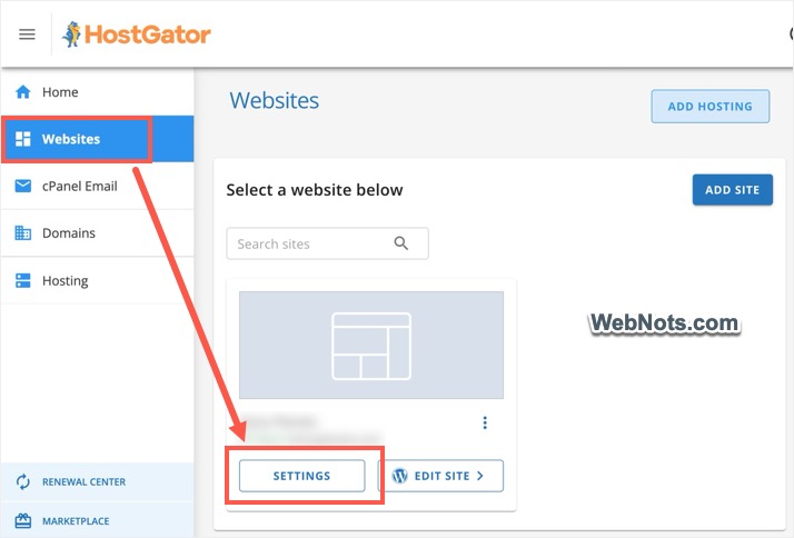 Откройте настройки сайта в HostGator