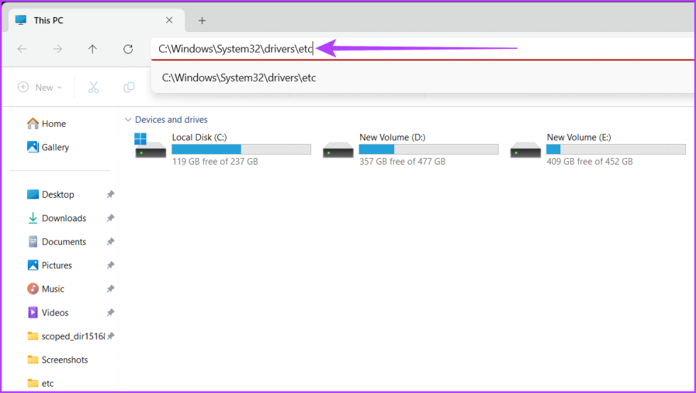 Вставьте адрес файла хостов и нажмите Enter.