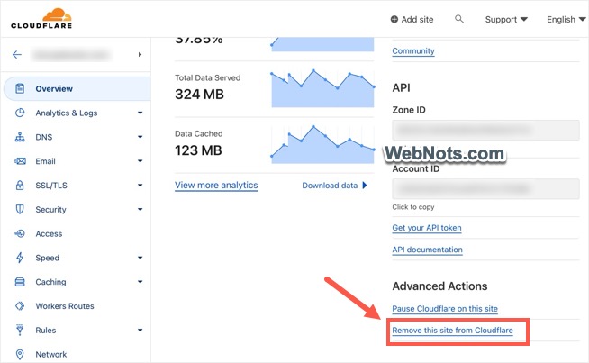 Удалить сайт из Cloudflare