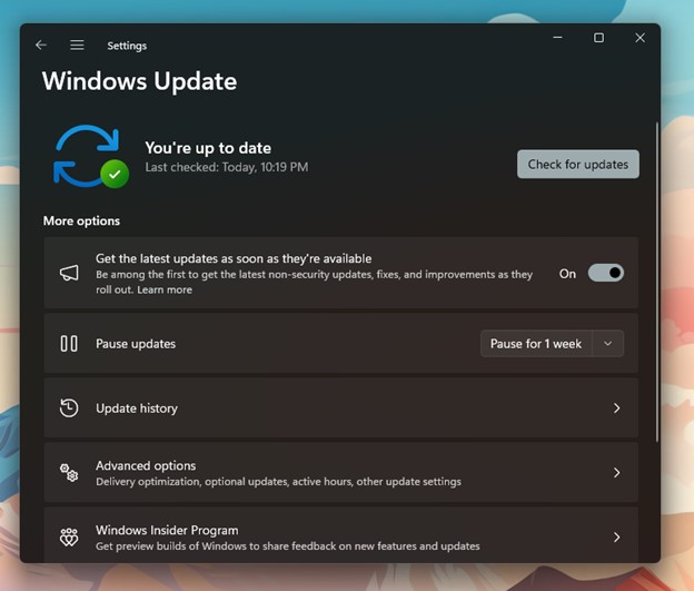 нажмите «Проверить наличие обновлений»