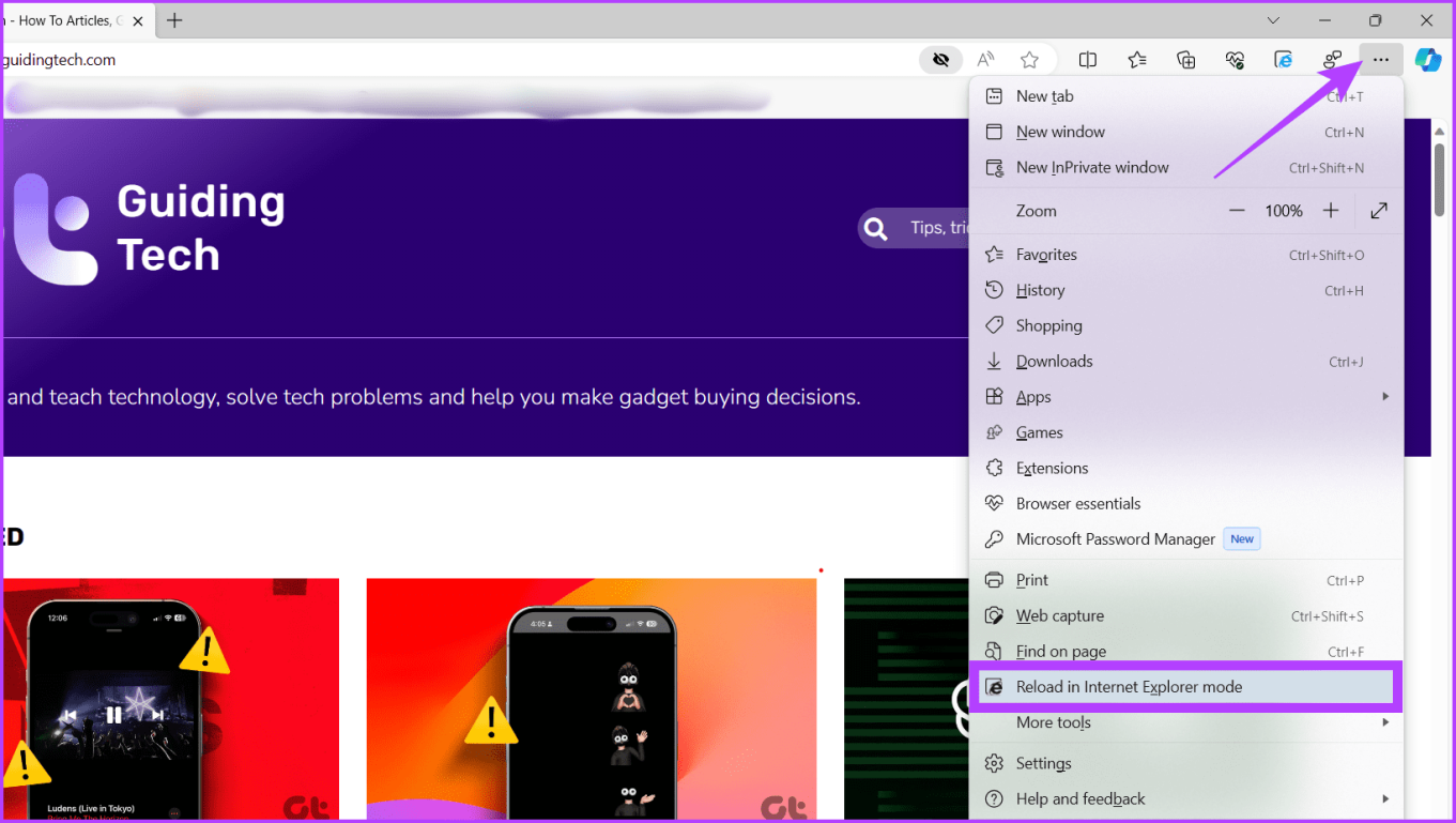 Нажмите клавишу Alt F и выберите «Обновить в режиме Internet Explorer».