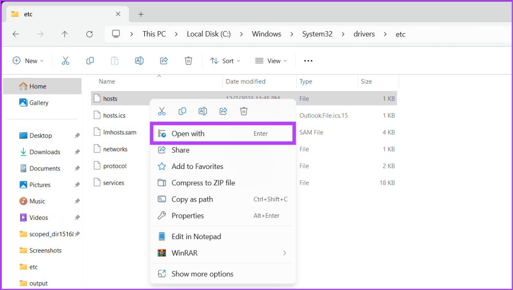 Щелкните правой кнопкой мыши файл хостов и выберите «Открыть с помощью 1».