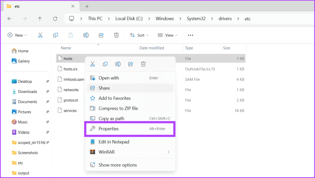 Щелкните правой кнопкой мыши файл хостов и выберите «Свойства».