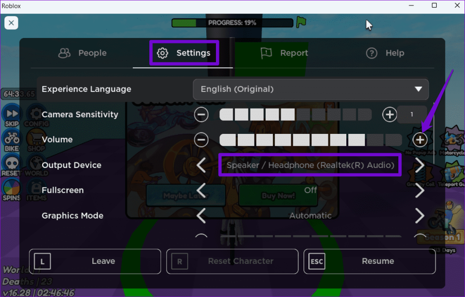 Настройки звука Roblox в Windows