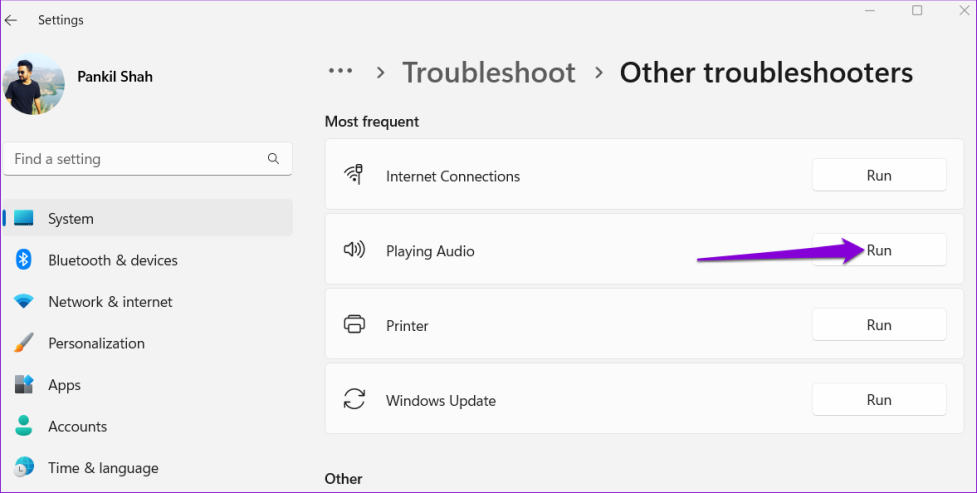 Запустите средство устранения неполадок со звуком в Windows