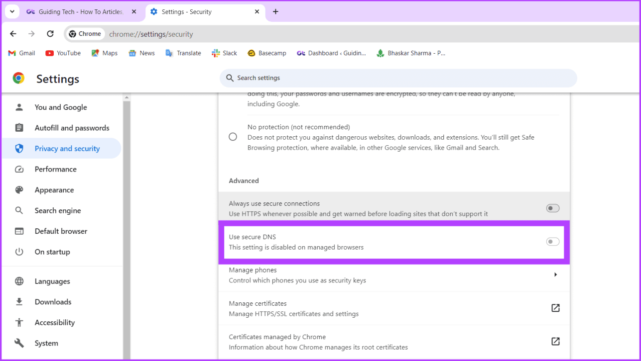 Прокрутите вниз и выключите параметр «Использовать безопасный DNS».