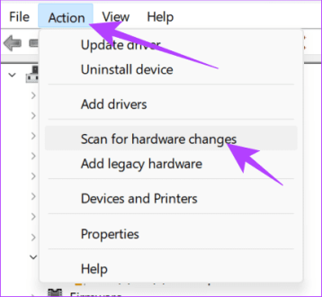 Выберите «Действие», а затем нажмите «Сканировать на предмет изменений оборудования».