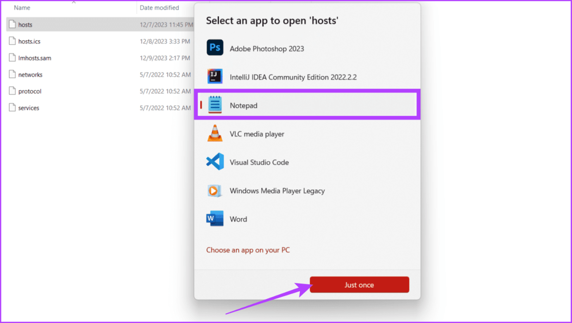 Выберите «Блокнот» во всплывающем окне и нажмите «Только один раз».
