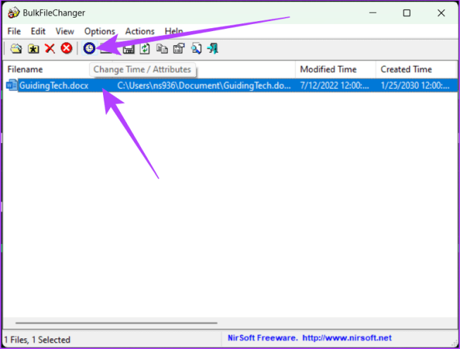 Выберите файл и нажмите кнопку «Изменить атрибуты времени».