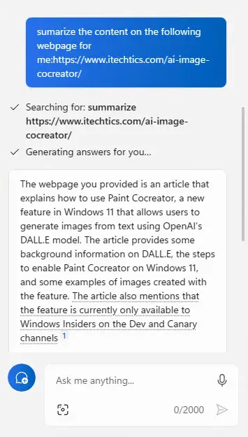 Обобщение веб-страниц с помощью Copilot