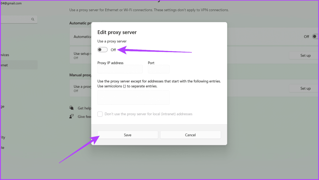 Отключите кнопку ниже «Использовать прокси-сервер» и нажмите «Сохранить».