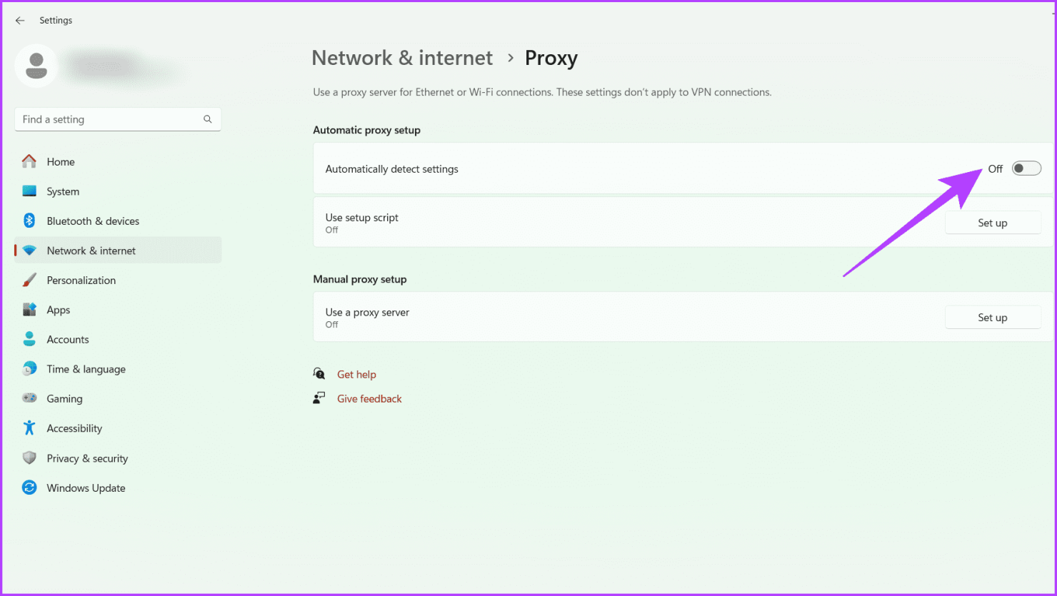 В разделе «Автоматическая настройка прокси» отключите кнопку рядом с пунктом «Автоматически определять настройки».