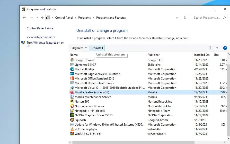 Удалить Firefox