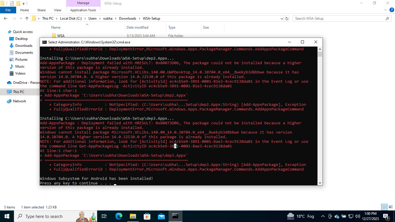 WSA успешно установлен в Windows 10