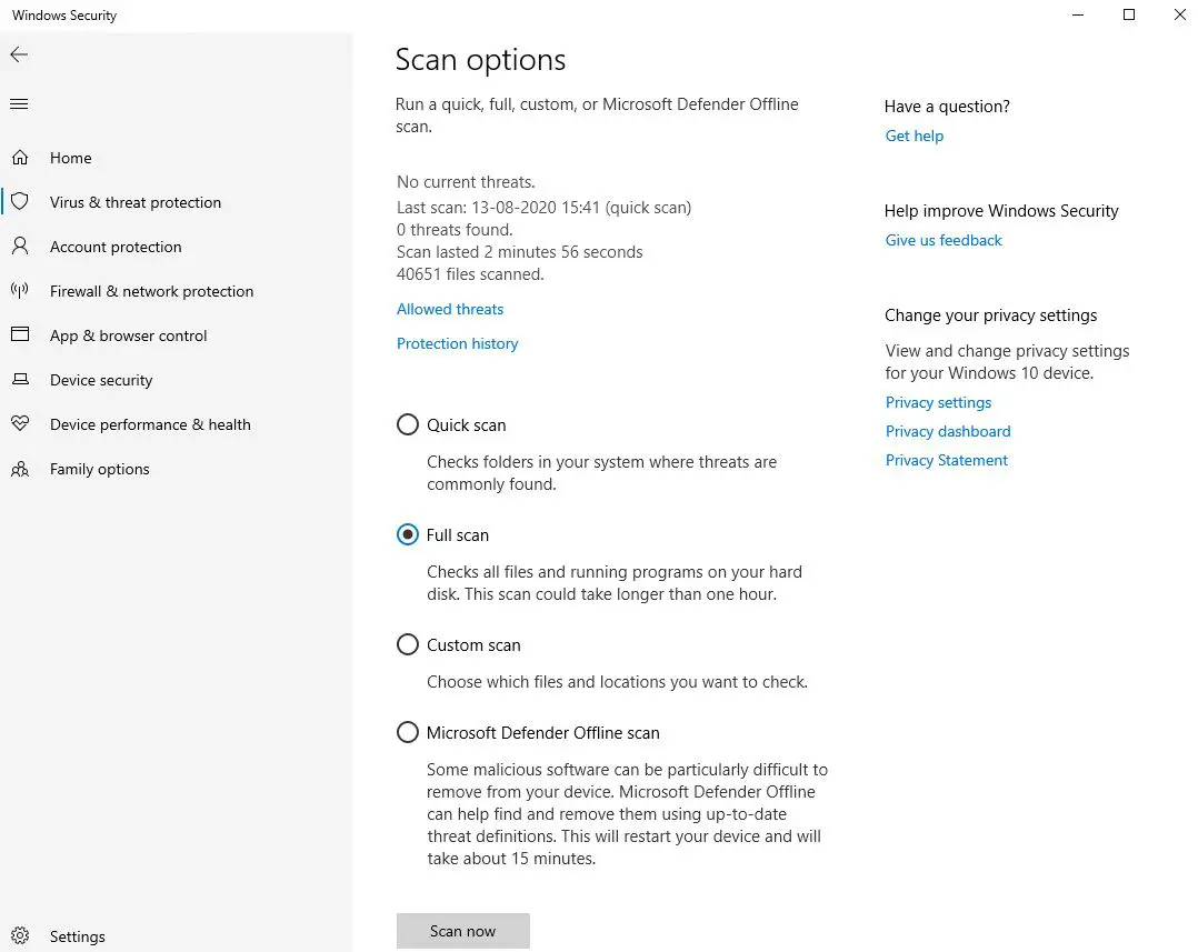 Полное сканирование безопасности Windows