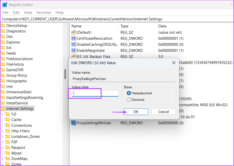 Очистите настройки прокси с помощью редактора реестра
