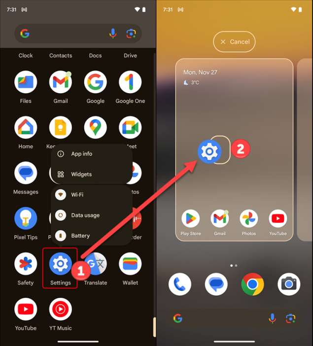 Перетащите значок «Настройки» из списка приложений на главный экран.