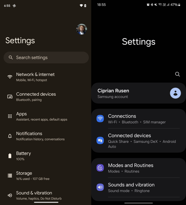 Приложение «Настройки» на Google Pixel (слева) и Samsung Galaxy (справа)