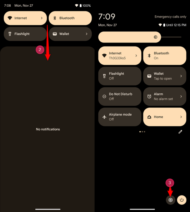 Проведите пальцем вниз еще раз, чтобы развернуть Быстрые настройки, и нажмите «Настройки».