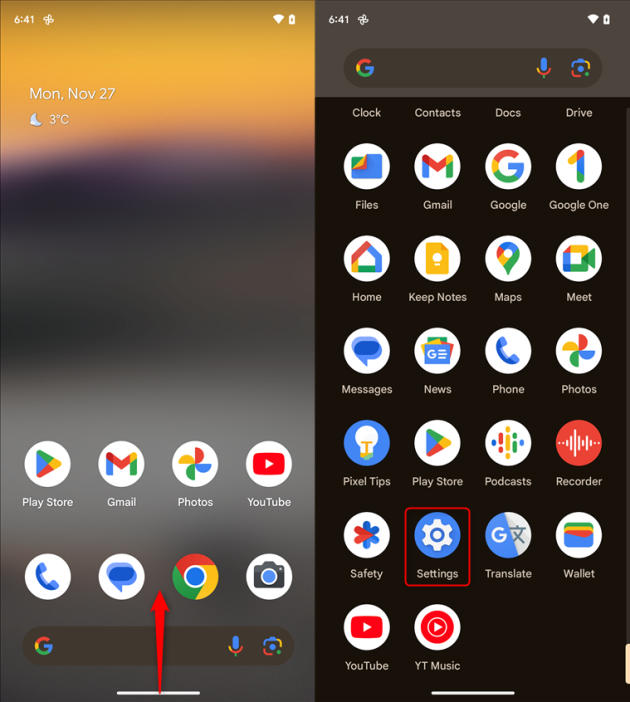 Проведите пальцем вверх, чтобы открыть список приложений, и нажмите «Настройки».