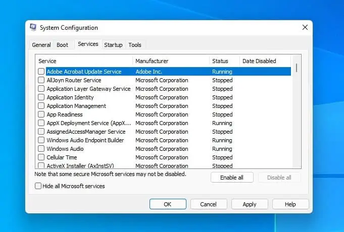 скрыть все службы Microsoft