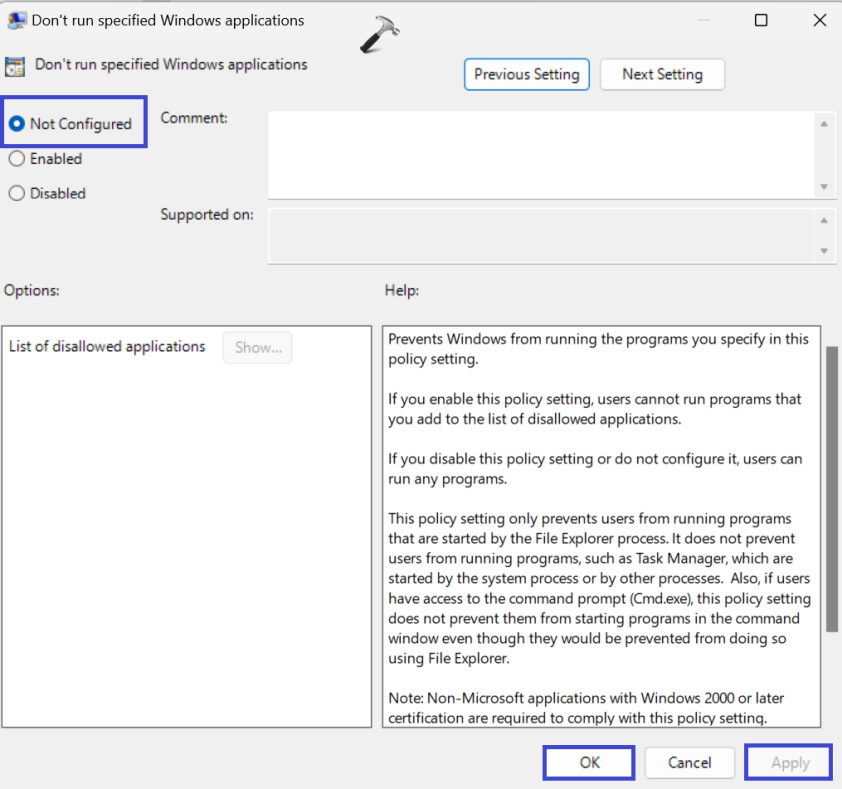 Исправлено: ошибка «Эта операция была отменена из-за действующих ограничений» в Windows 11 — выберите «Не настроено».
