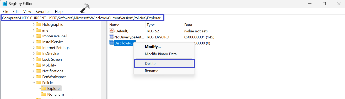 Удалить ключ реестра