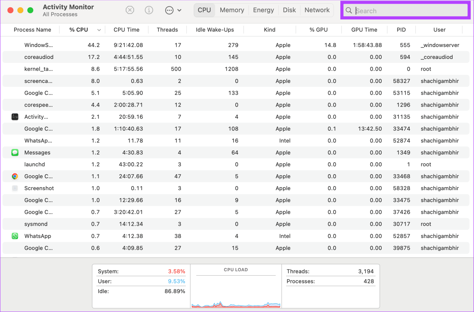 Монитор активности Поиск Mac