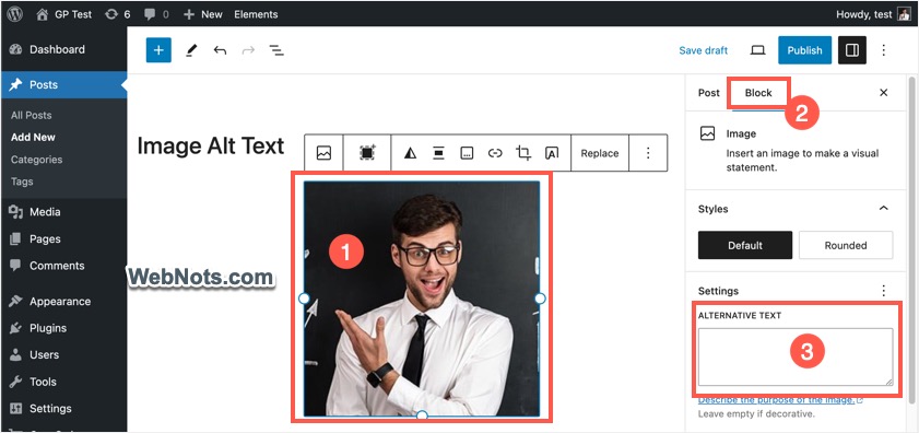 Добавить замещающий текст в настройках блока изображения