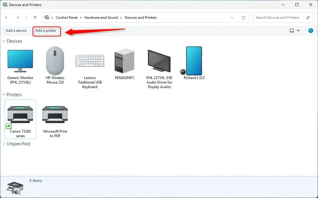 Добавить общий принтер из папки «Устройства и принтеры»