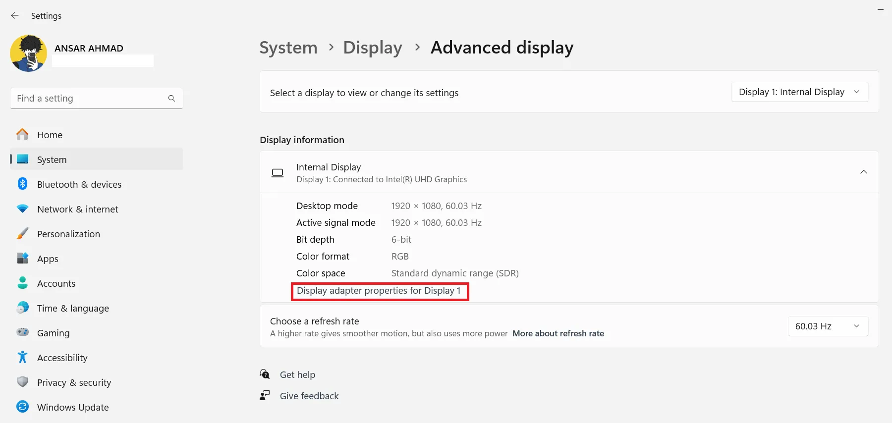 Свойства адаптера дисплея для дисплея 1
