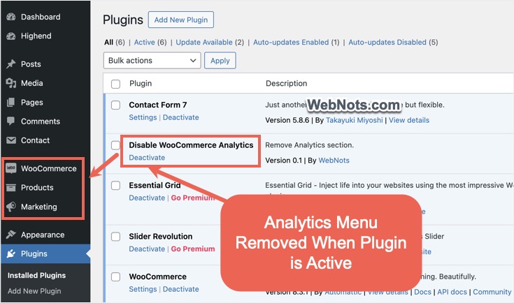 Меню аналитики удалено, когда плагин активен