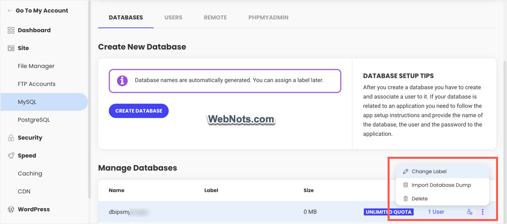 Изменить метку и импортировать базу данных