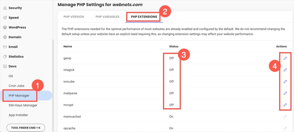 Изменить статус расширения PHP в SiteGround