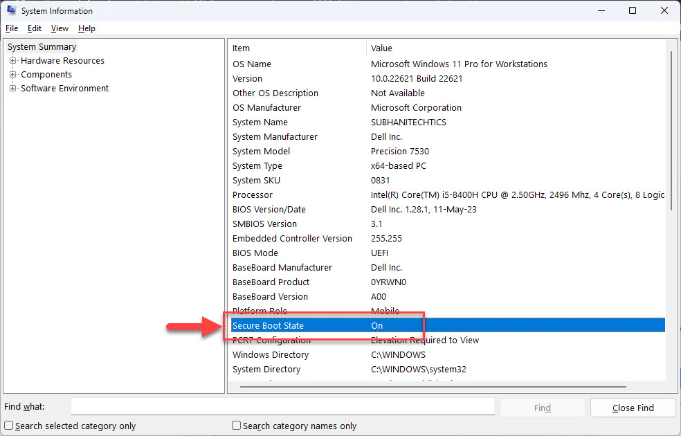 Проверьте состояние безопасной загрузки в разделе «Информация о системе».