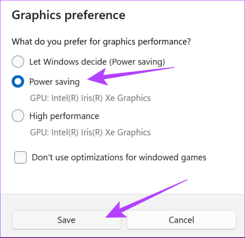 Выберите «Энергосбережение» для использования графического процессора для экономии заряда батареи.