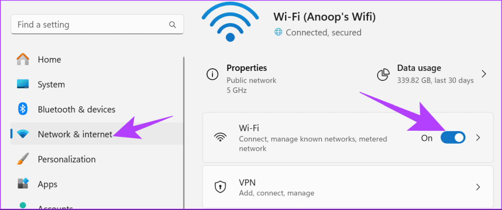Выберите сеть и Интернет, а затем отключите Wi-Fi.