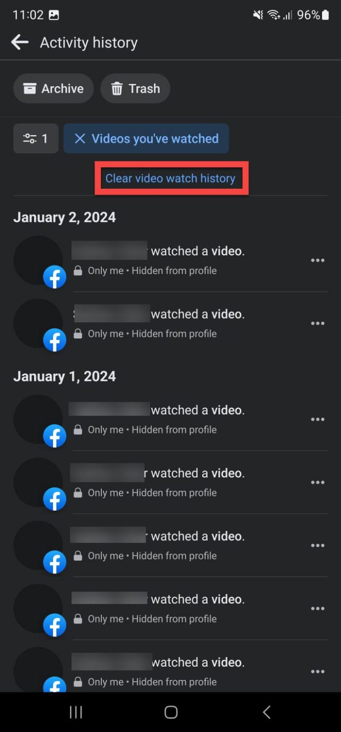 Очистить всю историю просмотренных видео на Facebook Android