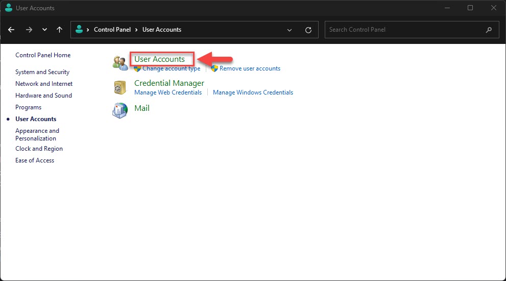 Нажмите «Учетные записи пользователей» еще раз.