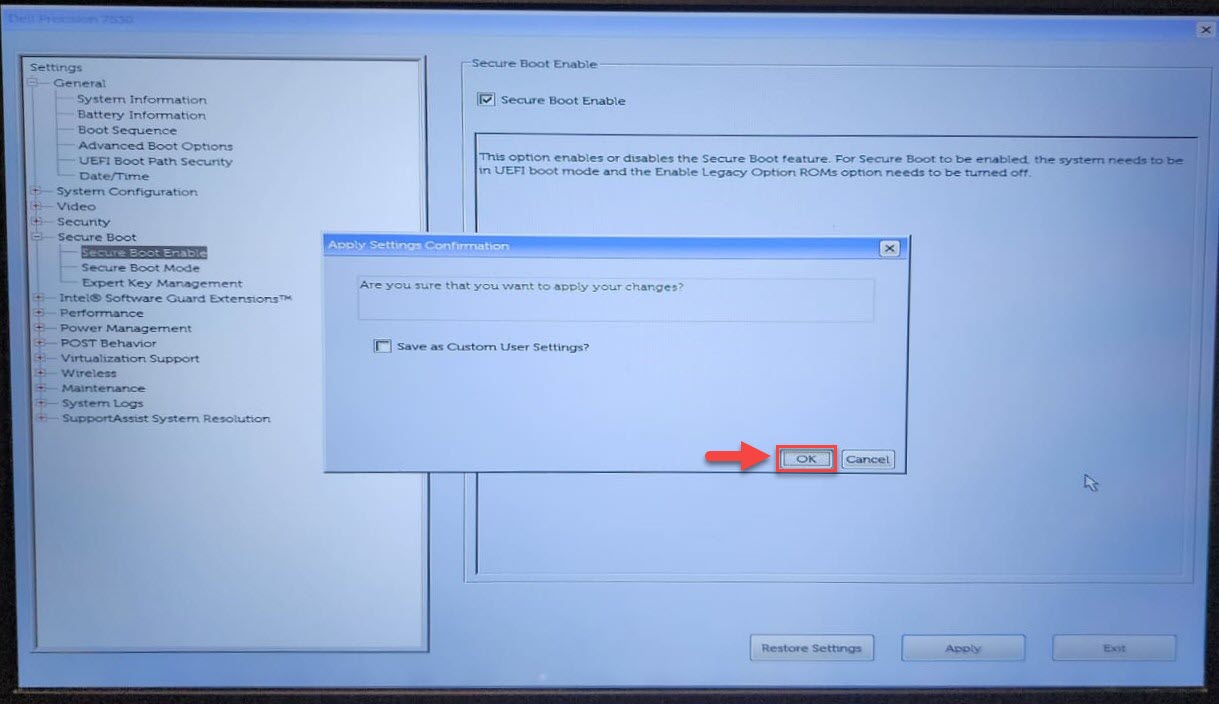 Подтвердите включение безопасной загрузки.