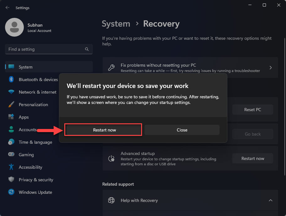 Подтвердите перезагрузку для расширенного запуска