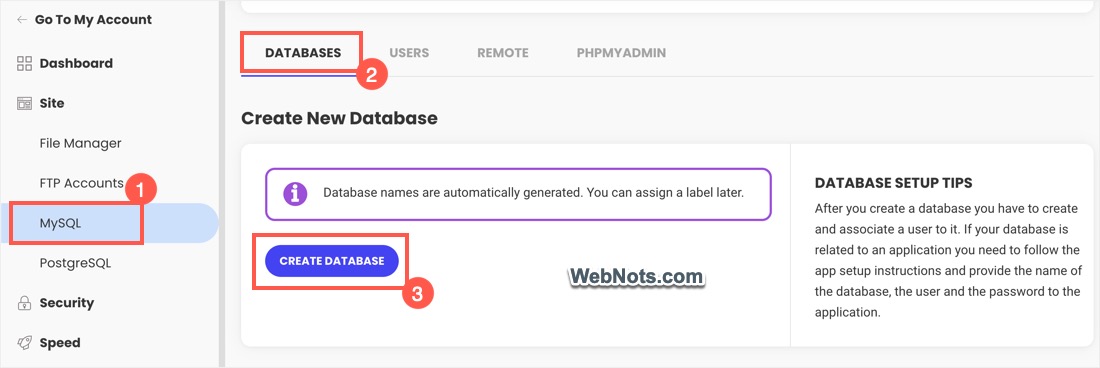 Создать базу данных MySQL в SiteGround