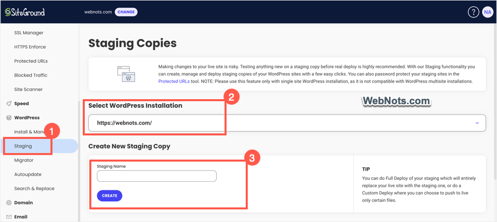 Создать промежуточный сайт в SiteGround